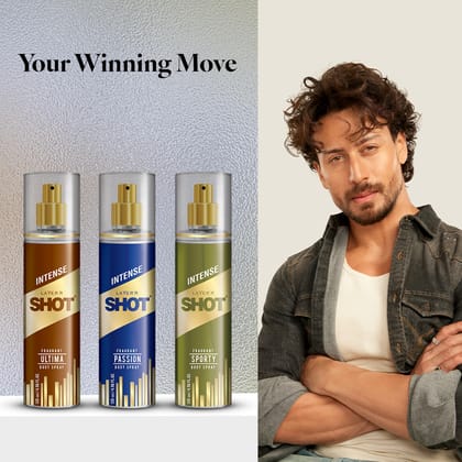Layer�r Shot Gold Combo Sporty, Ultima & Passion Body Spray for Men, 3�135ml | Long-Lasting Premium Fragrance | Fresh, Woody & Oceanic Scents | Everyday Wear | IFRA Certified