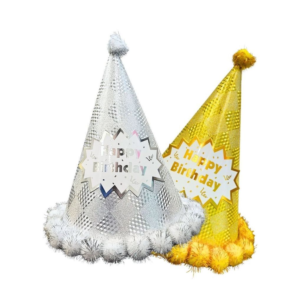 Happy Birthday Party Hats w/ Shiny Checkered Print & Pom Pom - 2PC - Party and Festive Needs | Buy online on ZillyBuy