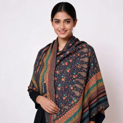 Dark Blue Cotton Printed Shawl & Stole For Unisex