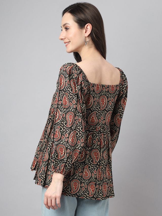 Black Ethnic Motifs Printed Square Neck Cotton A-Line Top
