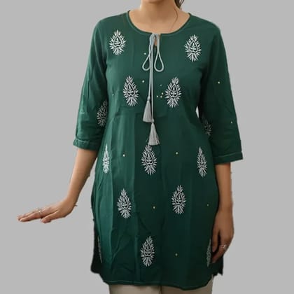 Lucknow Chikankari Work Dark Green Short Kurti For Women