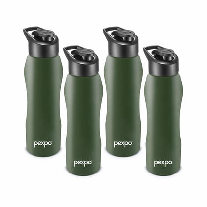 PEXPO Stainless Steel Sports/Fridge Water Bottle, 1000 ml, Pack Of 4, Military Green, Bistro | Wide Mouth & Leak-Proof Water Bottle