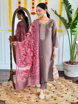 Beautiful Viscose Chanderi Embroidered Straight Kurta with pant and dupatta sets-S