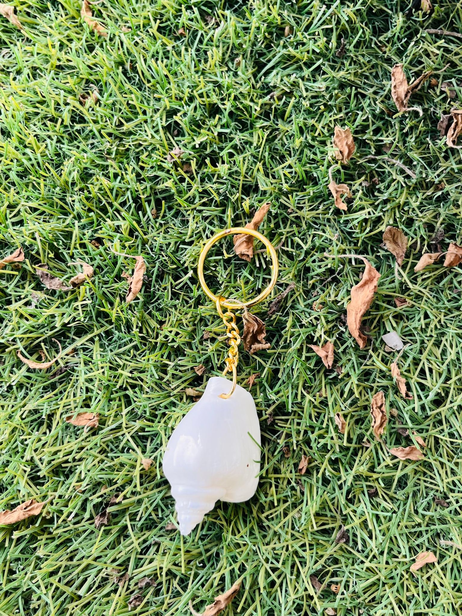 Natural White Seashell Keychain with Gold Ring, Beach Theme Decorative Accessory