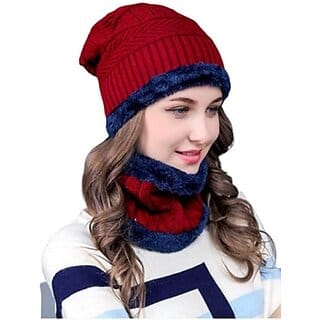 Fashlook Woolen Maroon Casual Winter Cap