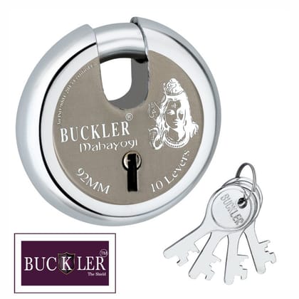 BUCKLER Iron-Steel 92MM,10 Lever-4 Keys Shutter lock for Shop,Godown,Store Gate- Door Lock (Laser Design-Mahayogi)