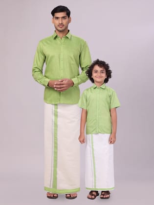 Father & Son Light Green Colour Cotton Shirt with Matching Border Tissue Dhoti Combo-36 / F/S / Kids 01 - 02 Yrs