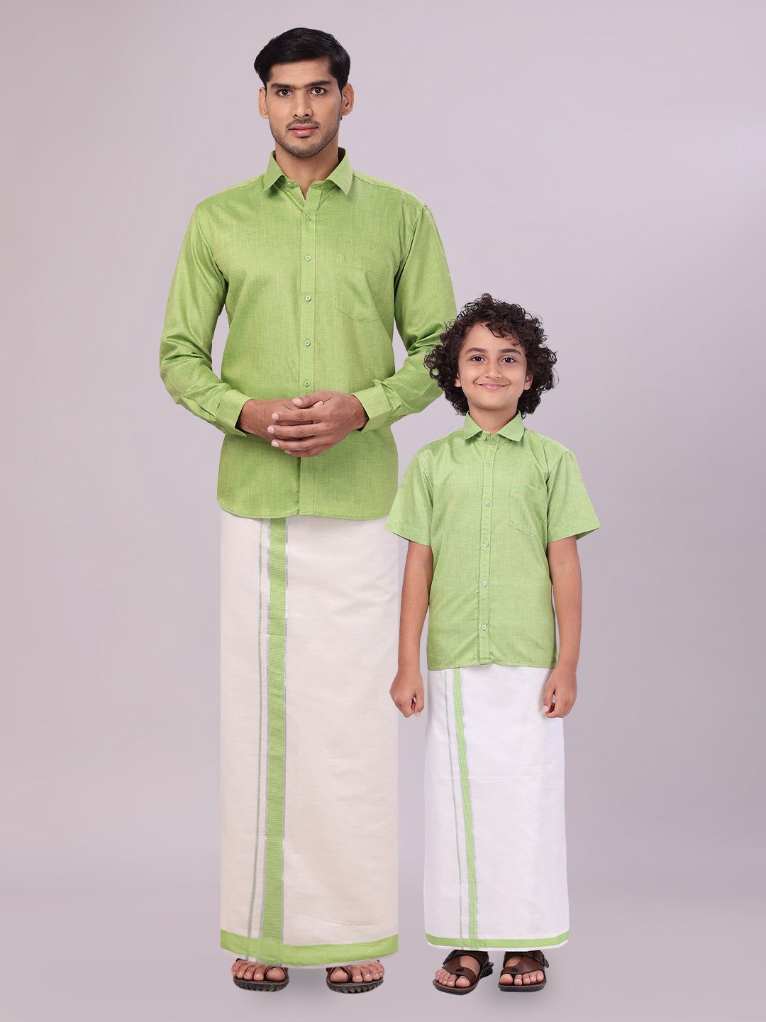 Father & Son Light Green Colour Cotton Shirt with Matching Border Tissue Dhoti Combo-36 / F/S / Kids 01 - 02 Yrs