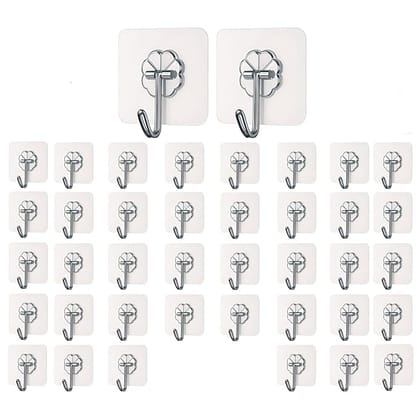 Self Adhesive Wall Hooks - Heavy Duty Wall Hooks for Hanging | Nail Free Sticky Hooks for Wall Heavy Items Without Drilling, Transparent Wall Hanger Hook (40)