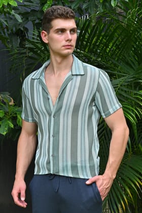 Euphoria - Textured Striped Shirt - Green-S-38 / GREEN