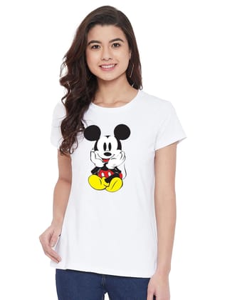 Women's Cotton Blend Mickey Mouse Printed T-Shirt L (White)