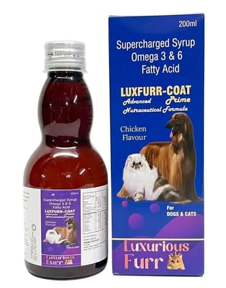 Luxuriousfurr Luxfurr-Coat Supercharged Syrup, Omega 3 & 6 Fatty Acid, Chicken Flavour, for Dogs & Cats, 200ml