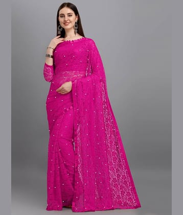 VANRAJ CREATION Net Self Design Saree With Unstitched Blouse Piece ( Rani )