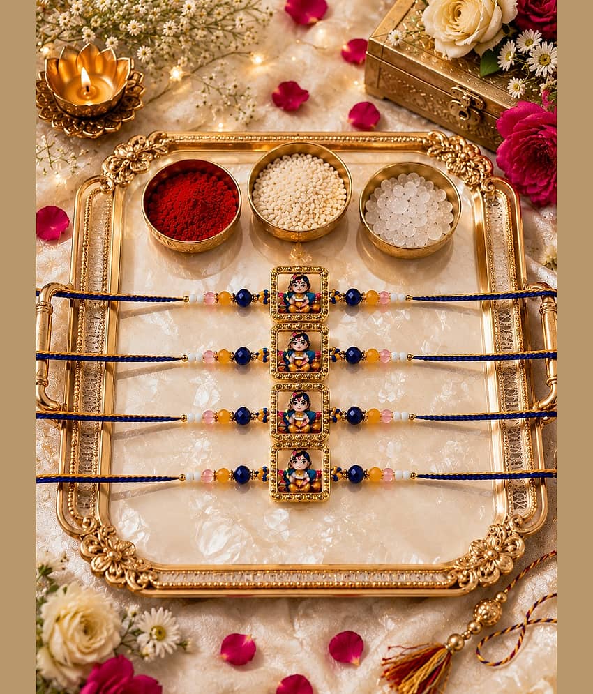Rhosyn Designer 4 Designer Bal Krishna Rakhis 1 Greeting Card 1 Small Roli, Chawal, Chandan & Mishri Pack Adjustable Rakhi ( Pack of 4 , Multicolour )