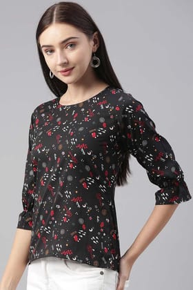 Black Poly Crepe Conversational Printed Regular Top VT1025 Black Poly Crepe Conversational Printed Regular Top VT1025