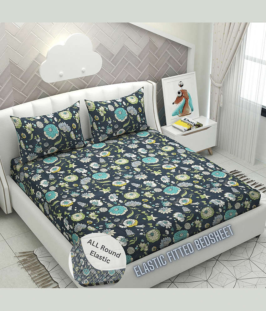 Apala Microfibre Floral Printed Fitted Double Bedsheet With 2 Pillow Covers- Dark Gray