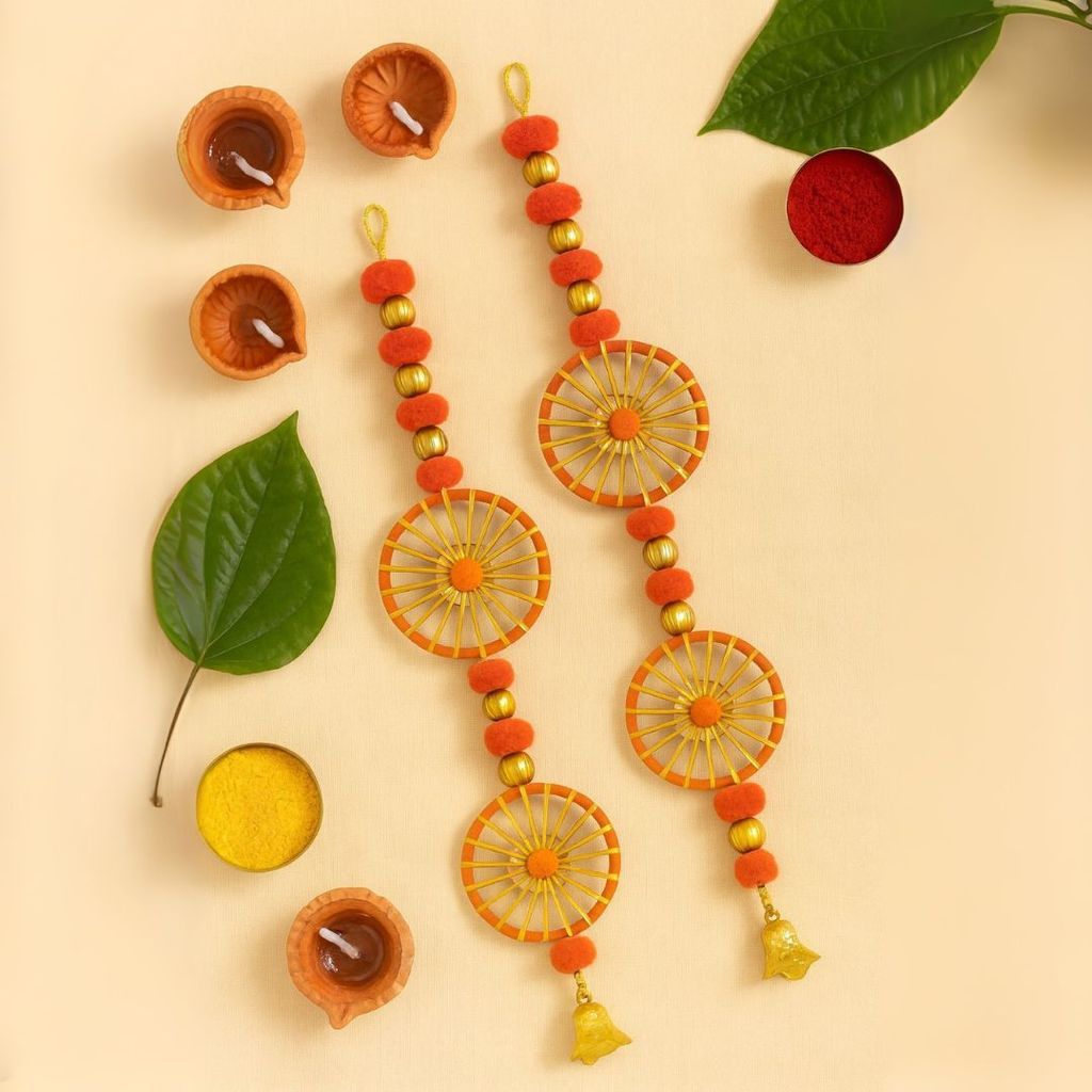 Artificial Orange Marigold Flower Hanging with Rings and Bell Hanging - 2PC - Party and Festive Needs | Buy online on ZillyBuy