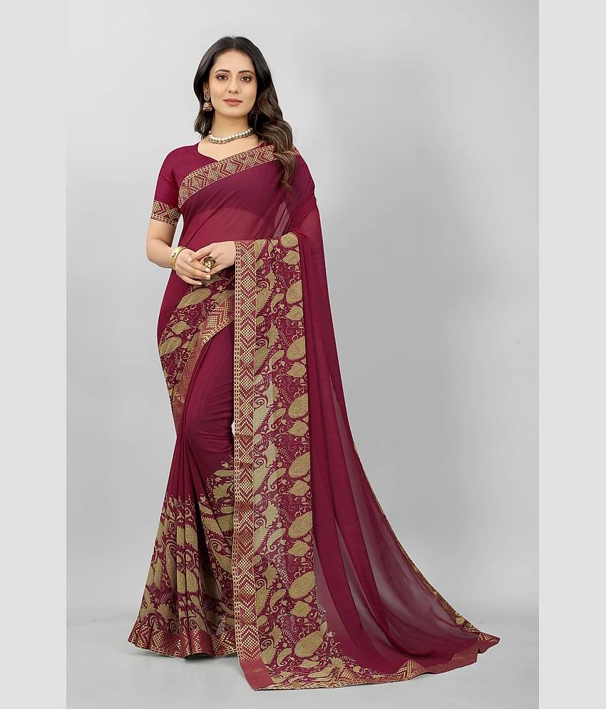 Gazal Fashions Georgette Printed Saree With Unstitched Blouse Piece ( Maroon )