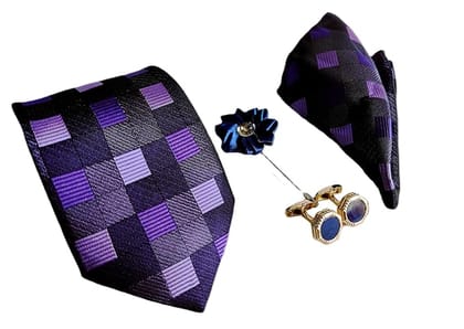 VOICI France Men's Paisley design necktie pocket square and cufflink combo gift set Blue color free size - Blue set