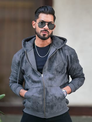 Cloud Printed LightGrey Zipper Full Sleeve Sweatshirt-M