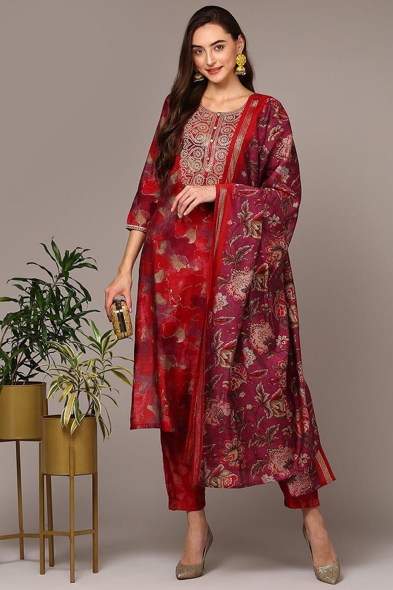 Plus Size Maroon Silk Blend Printed Straight Suit Set PKSKD1987