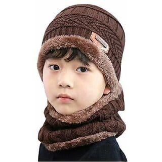 Eastern Club Woolen Winter Cap With Neck Scarf For Boys And Girls/Kids Winter Cap (Age 8-14 Years) For Boys  Girls (Brown)
