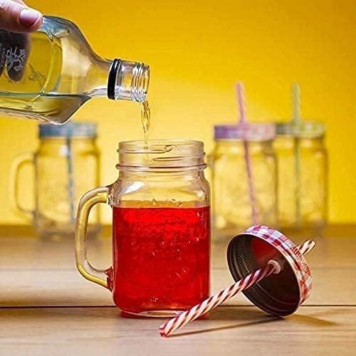 Glass Mason Jar With Air Tight Lid & Straw, 450 ML,Set Of 2,Handle Mason Mug Jars For Drinks Beverages Fruit,Juice ,Coco, Milk,Water,Smoothie,Re-Usable Straw, Ideal for Gym,Office Home, Travel,College