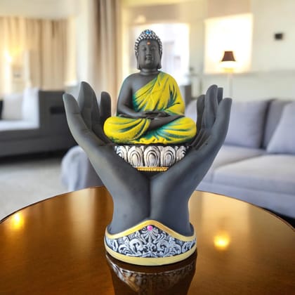 AMS Black & Yellow Polyresin Palm Buddha Statue with Hand Base | Gautama Buddha Idol for Home Decor, Office Desk, Meditation Room | Spiritual Gift for Housewarming, Birthday & Buddha Purnima