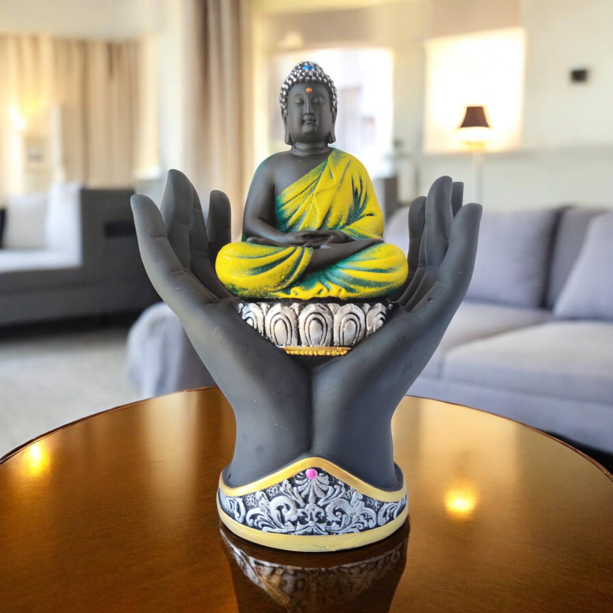 AMS Black & Yellow Polyresin Palm Buddha Statue with Hand Base | Gautama Buddha Idol for Home Decor, Office Desk, Meditation Room | Spiritual Gift for Housewarming, Birthday & Buddha Purnima
