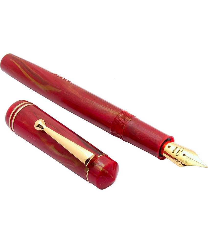 Srpc Click Aristocrat Red Marble Fountain Pen With 3in1 Ink Filling Mechanism, Golden Trims & Medium Nib