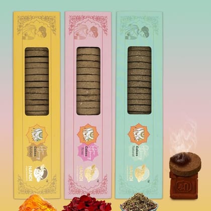Nandi Panchgavya 100 Percent Desi Cow Dung Cake Kande (63 Pcs) (Amber, Rose, Natural Fragrance-Pack of 3)