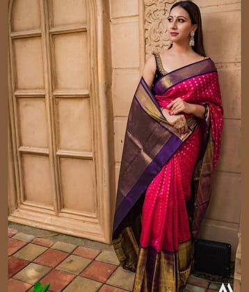 fab woven Art Silk Woven Design Banarasi saree With Unstitched Blouse Piece ( Pink )