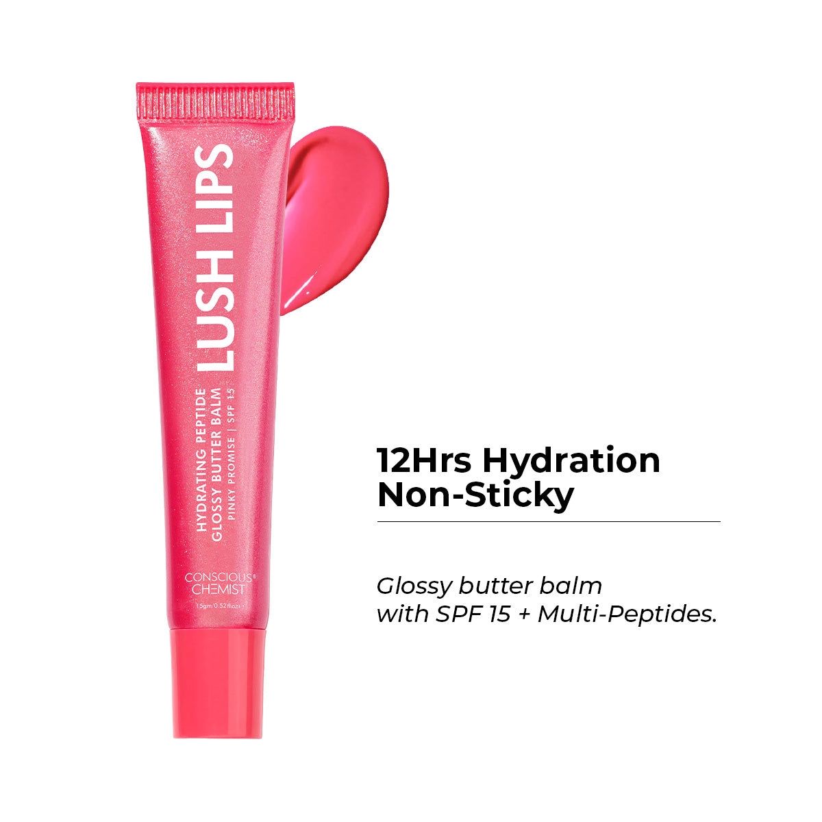 Conscious Chemist Peptide Lip Balm SPF15, Lush Lips for Dry & Chapped Lips,  Pinky Promise Pack of 1 - 15g