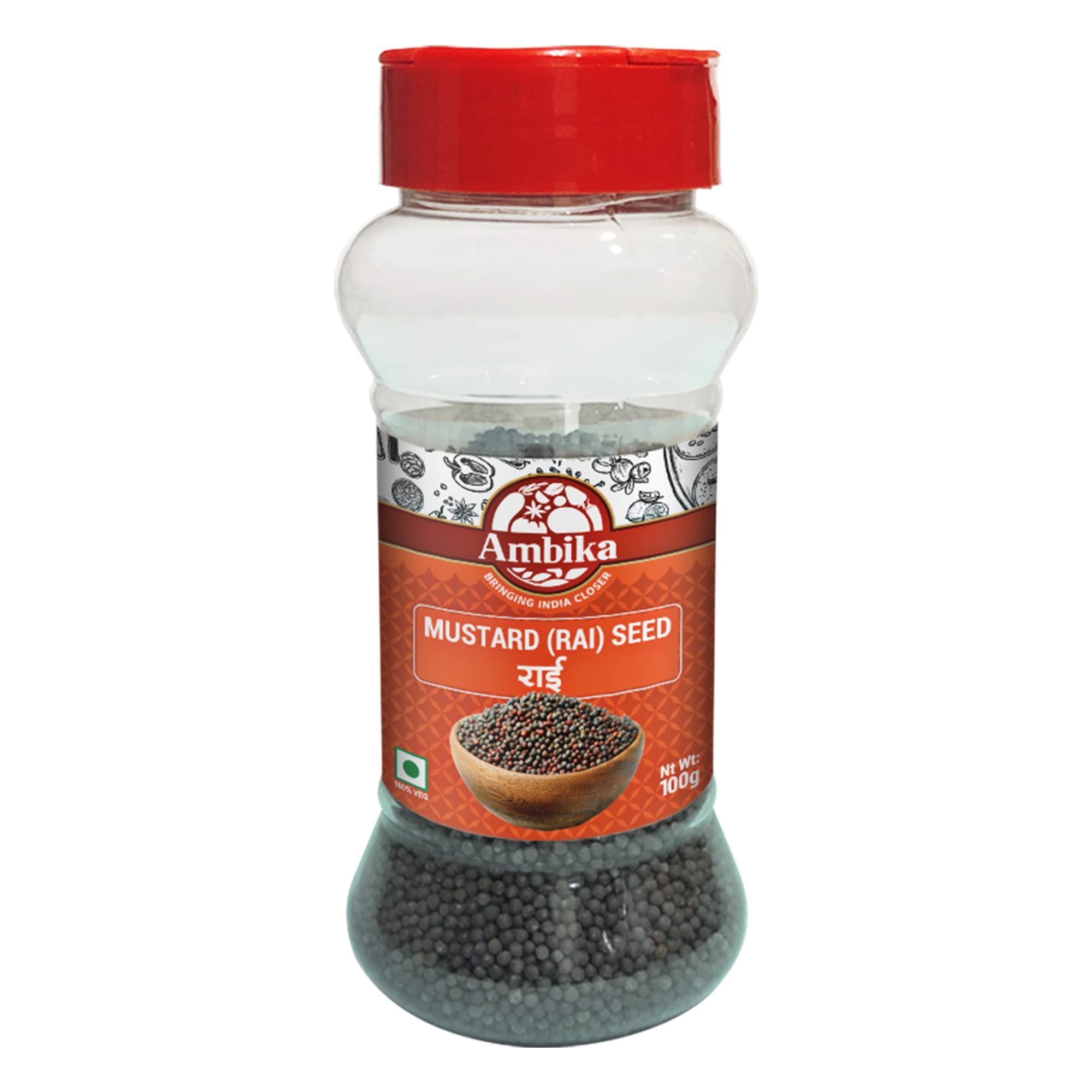 Ambika Mustard Seed (Rai) 100gm | Natural Whole Black Mustard Seed, Black Sarso Seed, Sortex Cleaned, Hand Picked & Hygienically Packed, Free From Artificial Colour & Flavour (Bottle)