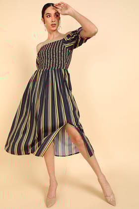 Navy Blue Polyester Striped Off Shoulder Midi Dress VD1181