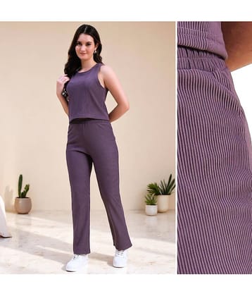Leewan Women Self Design T-Shirt With Trousers Co-Ord Set ( Lavender )