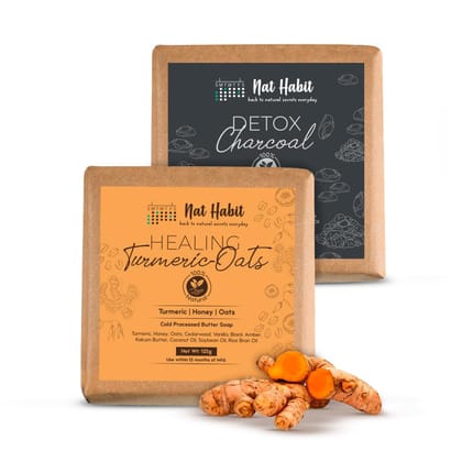 Nat Habit Healing Turmeric-Oats & Detox Charcoal Butter Bath Soap With Cold Processed For Detoxification, Skin Whitening, Tan Removal - (125g x 2, Combo) Nat Habit Healing Turmeric-Oats & Detox Charcoal Butter Bath Soap With Cold Processed For Detoxifica