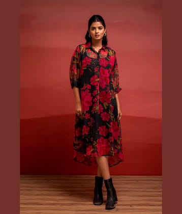 Juniper Women Polyester Printed A-line Kurti ( Black )