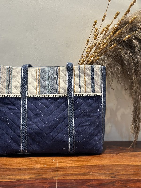 KRI India The Minimalist Mod Denim Tote bag | Denim Blue & Ivory with stripes  | 15x11 inches  | Wash & Care | 100% Cotton | Handcrafted in India. 100% organic & natural.