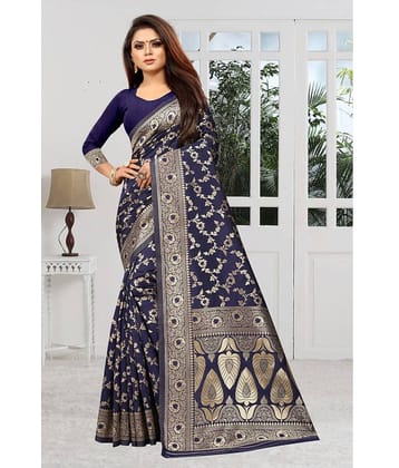 Gazal Fashions Silk Blend Printed Saree With Unstitched Blouse Piece ( Blue )