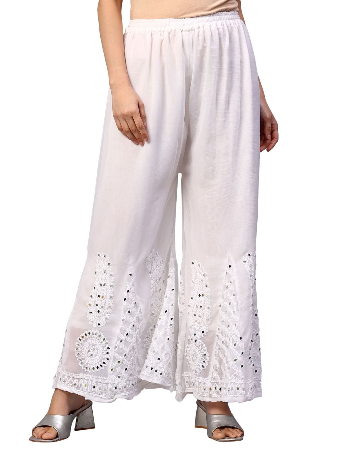 MRS RIGHT CHIKANKARI MIRROR EMBROIDERED GEORGETTE WHITE SHARARA