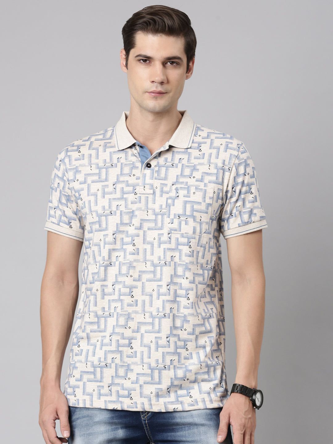 Classic Polo Men's Polo Neck Cotton Beige Slim Fit Printed T-Shirt | BELLO-258 B SF P