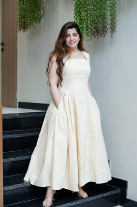 Tiara Beige Flared Long Dress-L-XL