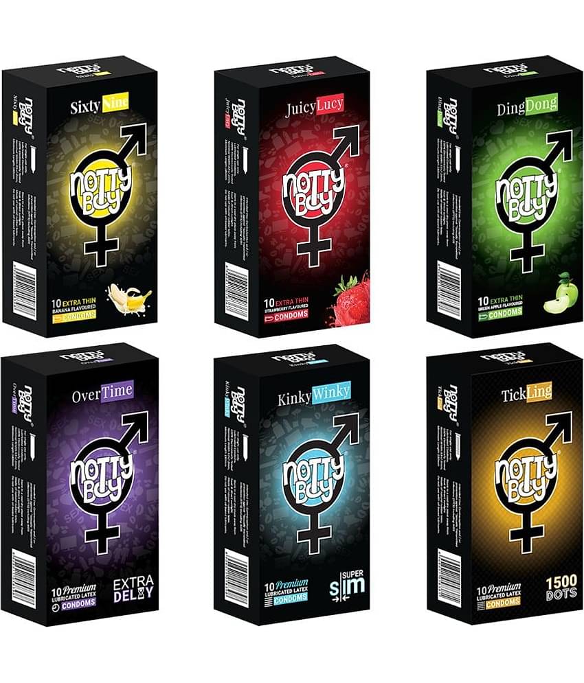 NottyBoy Variety Combo Pack Extra Dotted Slim Over Time Banana Strawberry and Fruit Flavour Condoms - 60 Pcs