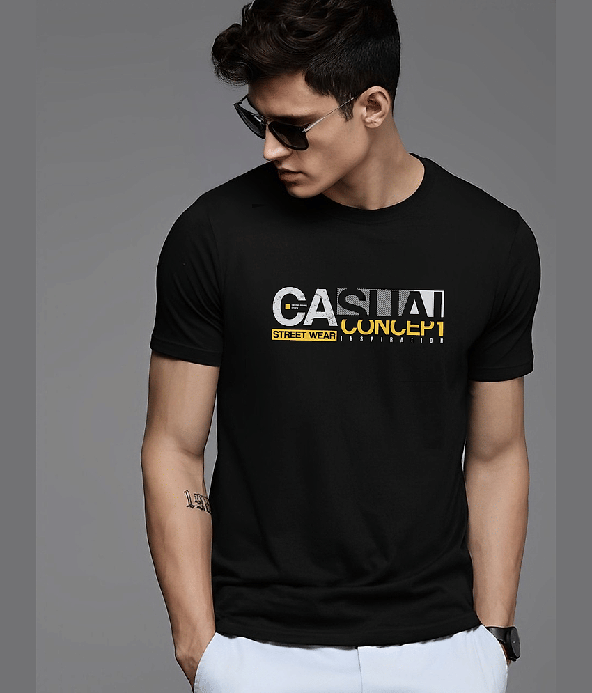 Reya Men Cotton Blend Regular Fit Printed T-Shirt ( Black )