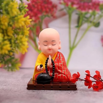 Solar Powered Moving Head and Hand Sitting Gautam Buddha Statue  Ideal for Living Room, Car Dashboard, Office Desk  Wealth & Prosperity  Red (6 Centimeters).