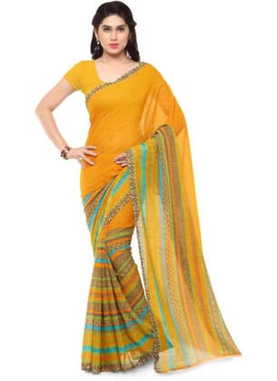 Printed Faux Georgette Yellow Color Saree