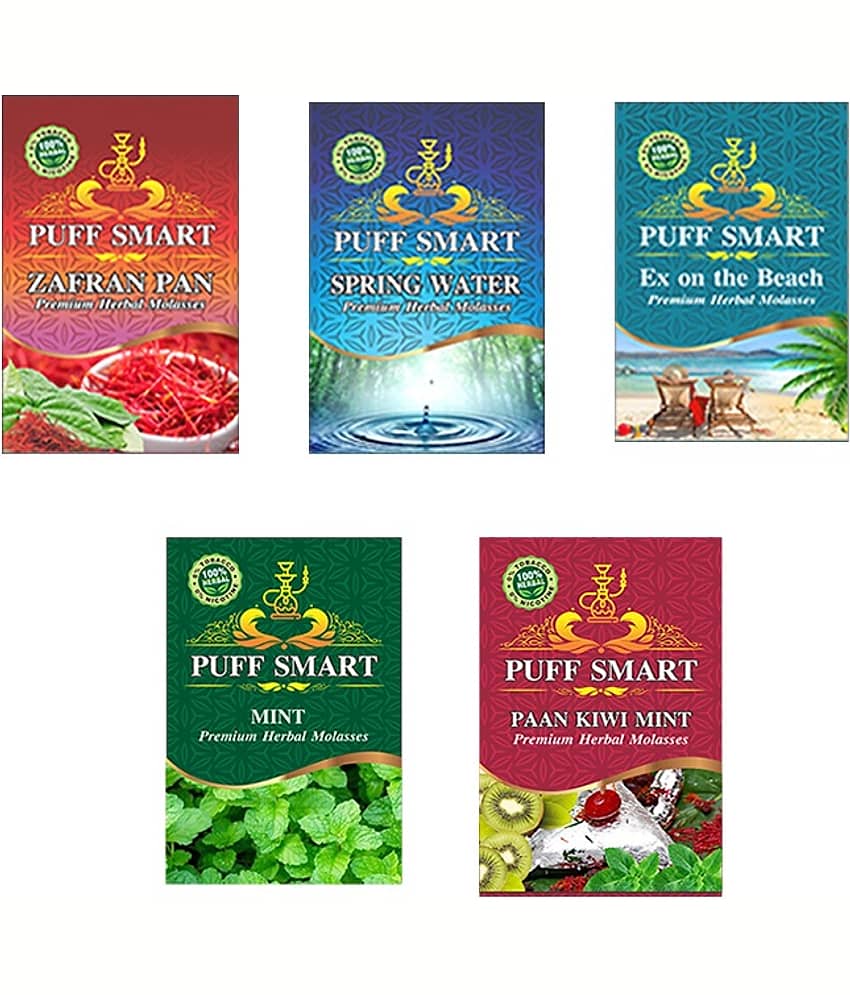 Puff Smart Premium Herbal Hookah Flavour Pack of 5 (Zafran Pan, Spring Water, Ex on the Beach, Mint, PAAN Kiwi Mint)
