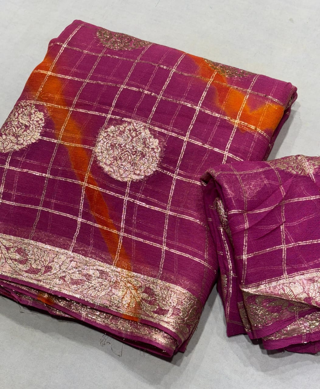 Pure  jorhat fabric with beautiful Jaipuri  bandej  malti shades lahriya  all over and hand Malti daing  zari havvy raning bp suppr saree