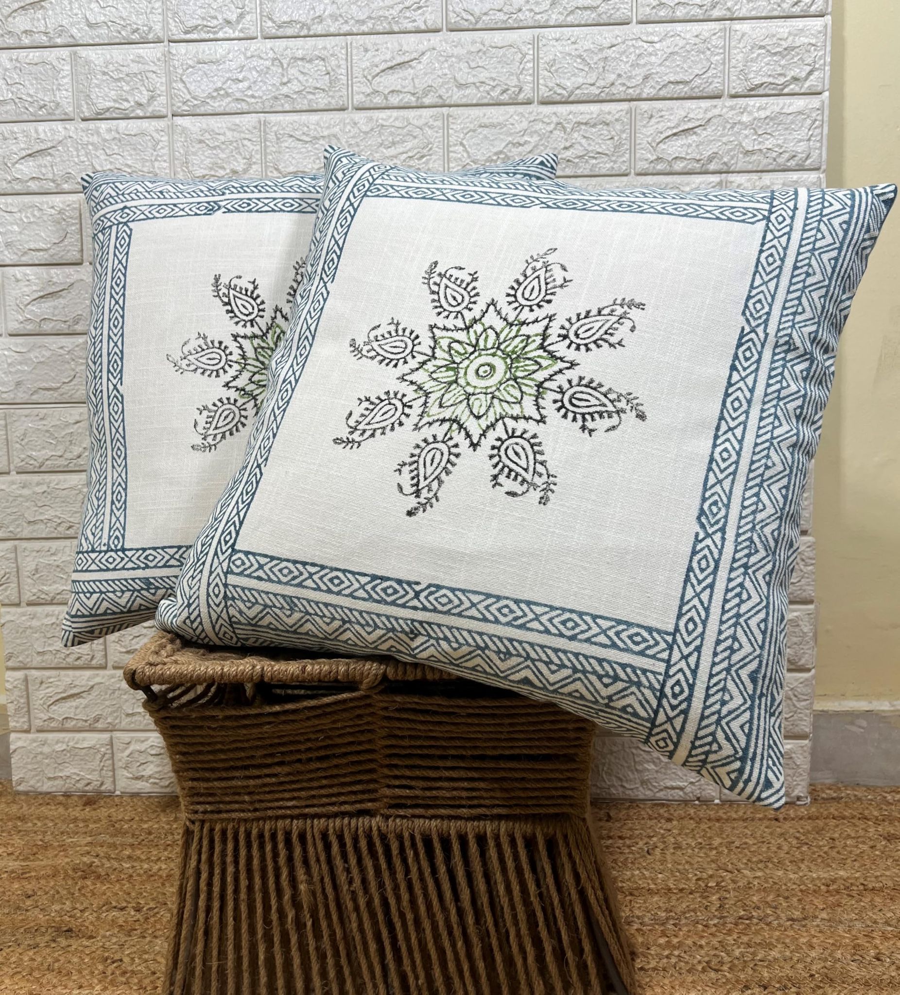Indihomecraft Hand Block Print Boho Decor Off White Cushion Covers for Sofa Chair Or Outdoor Living Room 20x20 Inche/ 50x50 Cms Cushions Cover, Set of 2